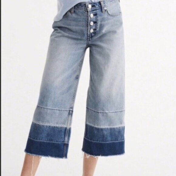 A&Fitch Cropped Stovepipe Wide Leg Crop High Rise Raw Edge Jeans Ombre Denim 31 - Picture 4 of 16